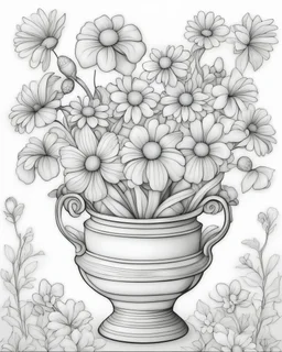coloring page for kids, depicting beautiful flowers in a designed pot, full body, black and white, outline, line art, well defined lines, grayscale, white background
