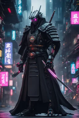 samurai robot in black cloak in a cyberpunk environment