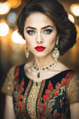 full length, young woman Portrait, detailed eyes, with spectacular red lips, Eyeliner "beautiful eye" with clear eyebrows, dress with a narrow waist, modest jewelry with subtle eyeliner, centered, symmetry, intricate, volumetric lighting, beautiful, rich deep colors masterpiece, sharp focus, ultra detailed, 8K, dslr, no crop, grand ballroom background, normal eyes