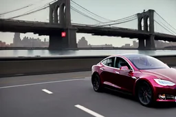 A Tesla 'Model 3' is going at a high speed, on the 'FDR Drive', eastern Manhattan. (CINEMATIC, WIDE ANGLE LENS, PHOTO REAL)