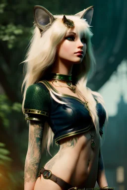 Druid character, young woman, cat ears, blonde hair, long hair, green eyes, scars on body, waist up portrait, 4k resolution, intricate details, ornate details, soft lighting, vibrant colors, retroanime, masterpiece, intricate eyeliner, dark eyeshadow, eyes, intricate tattoos, futuristic cityscape background