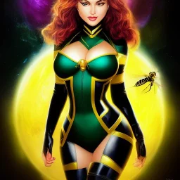 ultra detailed fullbody portrait of beautiful busty Wasp Marvel Universe, wearing Black and yellow skintight costume, extremely detailed digital painting, intrincate, extremely detailed smiling face,crystal clear Big Green eyes, in the style of gabrielle del otto , mystical colors , perfectly centered image, perfect composition, rim light, beautiful lighting,8k, stunning scene, raytracing