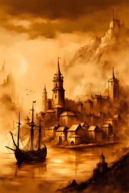 in the art style of Luis Royo: a sepia monochrome medieval fantasy harbor city on a hill side. parchment colored background, dim colors, washed out look, fantasy compass in upper left corner
