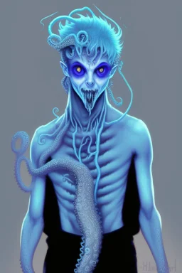 16 year old boy warlock with milky blue eyes, and fanged tentacle growing out of his belly. in the style of HR Giger