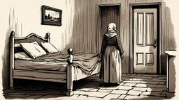 in front of the picture from the back, an old woman in a black and gray vintage villager dress and in a gray headscarf standsat the end of an old bed, on bed lies Evica a young woman with dark blond hair , bloody thighs and legs, you can see her face, the little old room, old, village environment, little light, shadow in the corner, dramatic atmosphere, high detailed, sharp focus, high realistic, thriller mood, perfect photo