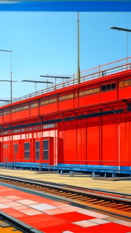 An orangish red industrial train station painted by Piet Mondrian