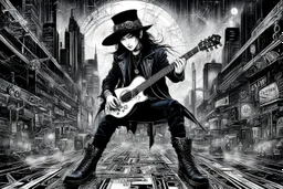 Mixed media picture, the background is black and white line art cyber city In the middle a colorful photo of an attraktive goth asian man playing on the old guitare , wearing goth dark cloths, shiny black jeans, steampunk black hat and black boots, his hair is deep blue-silver lines ans black colors, enhancing the contrast between her and the black and white cityscape space, cinematic