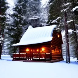 mystery cabin in the snow at night