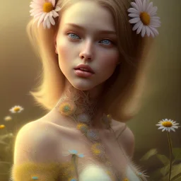 daisy beautiful girl,utra realistic,highly detailed, masterpiece, sharp focus, insanely detailed, honeybee, fantasy art, intricate detailed, elegant, fog, Special Lighting, Vibrant, color Scheme, forest, unreal engine 5, trending on artstation