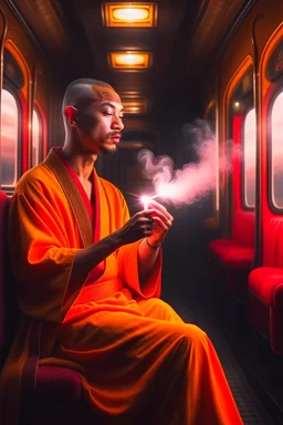 portrait of spiritual monk holding lotsa phones chatbot smoking a sigar on a throne in a fast bullet train , smoke, 4k, downlight, soft light, depth of field, photorealism, trending on art station