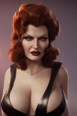 Rita Hayworth as evil queen in black leather, busty, cleavage, curvy, angry, stern look. character design by cory loftis, fenghua zhong, ryohei hase, ismail inceoglu and ruan jia. unreal engine 5, artistic lighting, highly detailed, photorealistic, fantasy