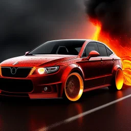 wide view of detailed phong shaded rendering of a car made of molten lava, headlights