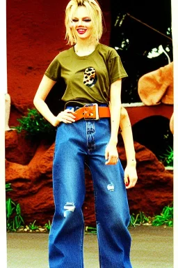 year 1996 denim fashion. Loose, baggy, low waist Combat pants and t-shirt. Colors: denim blue, blue, purple, cream, khaki, light green, lilac, plum, orange, terracotta, red, light yellow, lion yellow, pink, dark blue, beige. leopard, Cheetah, wide belt. Latex in small part. Kylie Minogue, Tyra Banks,Julia Roberts. leg warmer. Cargo pants.