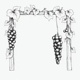 Black pen drawing of a square frame made with hanging grapes and raisins