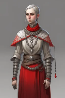 full length, tall, gangly, 22-year old, short haired, nordic looking grey-eyed female human cleric with a red beaded necklace, wearing scale mail