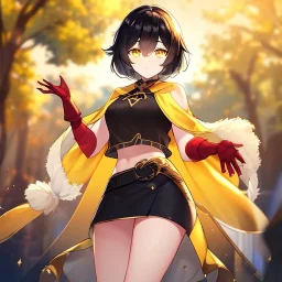 Clear focus,High resolution, Black short fluffy hair, and yellow eyes, wearing a black short skirt, sleeveless crop top, wearing long dark red gloves, yellow cloak, Holding hand out