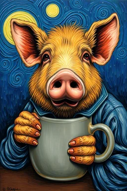 a true van gogh with a giant hog in a mug