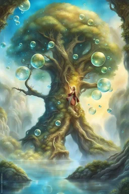 story book stunning fantasy picture of ancient Tree Ent, little Fairies around floating, shiny bubbles, nice european pale colors fairies, detalied, masterpiece,random background , epic, fantasy style, movie characters, fantasy atmosphere