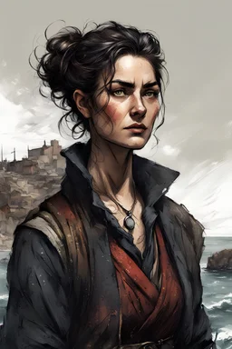 character concept illustration of a lean and weathered, female Scottish coastal trader , maximalist, sharp focus, highest resolution, in the styles of Denis Forkas , and Masahiro Ito, boldly inked, 8k, coarse, gritty textures