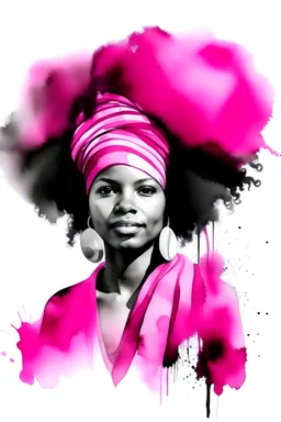 Watercolor black and white indigenous afro woman with fuxia beds in the hair