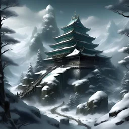 Palais en jade, neige en hiver, hyper réaliste, monde fantastique, dans une montagne