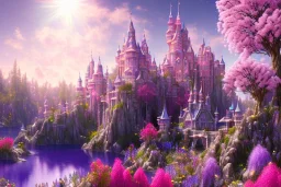 luminous pink castle, on the mountain, sun,swanns,waterfall, BLUE LAKE, SWANNs,violet bugainvillier flowers, jacaranda violet trees, sky pink blue, full of details, smooth, bright sunshine，soft light atmosphere, light effect，vaporwave colorful, concept art, smooth, extremely sharp detail, finely tuned detail, ultra high definition, 8 k, unreal engine 5, ultra sharp focus