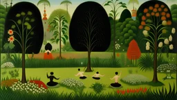 An high detailed oil painting by Henri Rousseau and Myazaki of people practicing yoga surrounded by blooming flowers and lush vegetation.