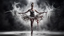 a bizarre surreal image where a dancer's legs there are bloody wounds on both foot and toes, her dress completely drenched in sweat, she standing on tiptoe in a perfect dance pose, around her a fade gray vortex, capturing grasping the difficulty of dance, self-sacrifice, striving for perfection the impressive pose achieved through hard work, the beauty of dance, vertical light on the dancer, blur background is a cracked wall with half darkness and half shiny light, on wall, detalied