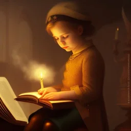 child reading and gathering knowledge in an old room with only candle light, high detail, medieval, steam punk, future punk