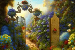 intricate ornate gate, garden, path, flowers, fine detail, acrylic paint, Tonalism