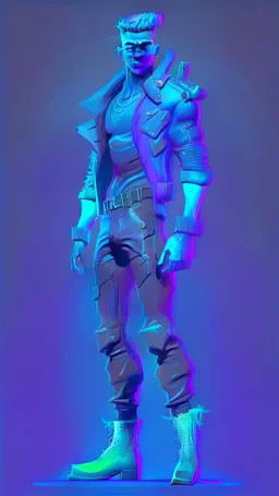 realistic man game character full height with weapoon in blue-purple neon, witn navy background