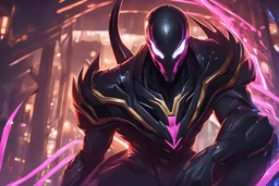 Jhin venom in 8k solo leveling shadow artstyle, mask, wapen, close picture, neon lights, intricate details, highly detailed, high details, detailed portrait, masterpiece,ultra detailed, ultra quality