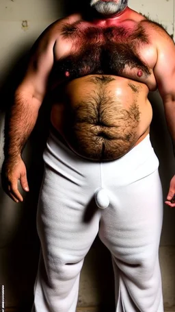 full figure shot photography of a burly stocky turkish prisoners , 55 years old shirtless in white dirty pants, long beard, long hair , in a dark prison, dirty, ugly, bullneck, muscular, manly chest, shirtless, bulge, misery and poverty, emotive eyes, photorealistic, ultradetailed, 32k, side view from below