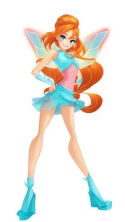 Create a full body realistic image of Bloom from Winx Club. She is a slightly fair-skinned girl with waist-length red-orange hair, and a single small hair strand sticking up. Her eyes are large and cyan. She's wearing a (sparkly light blue top with a gold jewel at the center of her chest), along with a matching (light blue miniskirt) and (light blue ankle boots). She has light (blue gloves) on her arms from elbow to wrist and a small (golden tiara) with rounded points at the top of her head. Her