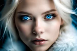 viso bellissimo di fata bionda occhi blu circondato da pelliccia bianca