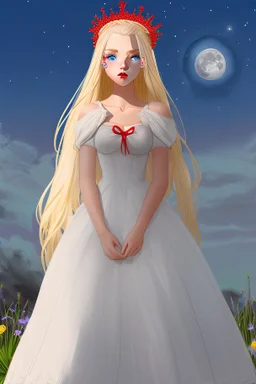 Blonde girl, white skin color, blue eyes, standing in the moonlight, handdrawn, red dress, wearing a crown,