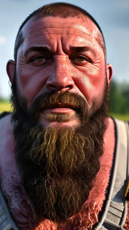 extreme close up photography of a turkish ugly burly serious sweaty, wet chubby muscular and hairy carpenter shirtless, with short pants in safety vest and with long beards, 44 years old, working on a construction site, in the middle of a road, under the August sun, angry eyes, , hyper-realistic, photorealistic , frontal view from the ground