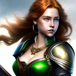 realistic, hyper detailed, stunningly beautiful 16 year old teen girl, long ginger hair, green eyes, medium freckles, full lips, revealing leather armour, full body and head, c-cup breasts, stern expression, full frame, petite, ignore NSFW, shortbow, quiver on hip