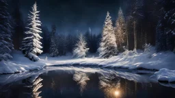 christmas time,photo of a snowy fir forest,christmas magic, midnight hour,fireflies,reflections,8k, volumetric lighting, Dramatic scene,splash color,
