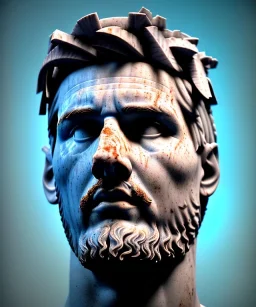 Ultra Realistic image, roman sculpture, marble deluxe material, Lionel Messi, Laurel leaves crown model, miguel angel style, chisel style, wide stripes brush blue paint, emperador, waist up portrait, cinematic lighting, God light, god rays, 4k resolution, smooth details, ornate details, soft lighting, unreal engine 5, sky background.