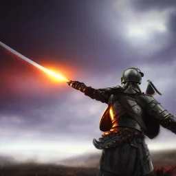 Sword soldier. doom scenary. Heavy rain. Epic Lighting in the sky. Falling object from the sky. Meteorite burning in the distance.