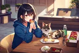 A cat with a hoodie is sitting on a table eating sushi. Perfect iris. Paws