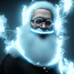 All Black Santa, ghost, wearing high tech mask, white smoke, dark, rage, high definition, ultra 8 k, volumetric lighting, blue fire,