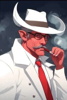 An old male crimson red tiefling wearing a white police comisioner outfit, he is also wearing glasses, he has a white scruffy mustache, and a slick black fedora.