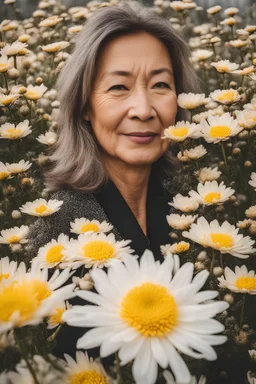 A portrait of a middle aged Eurasian woman surrounded by beautiful chrysanthemum