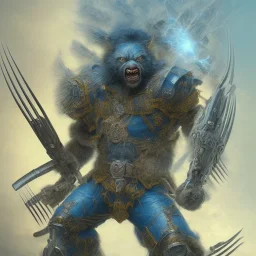 angry Wolverine warrior in Blue and yellow battle armor, a highly detailed illustration, background of Inka jungle, realistic render, 8 k, micro detail, intricate, elegant, centered, digital painting, Artstation, smooth, sharp focus, illustration, artgerm, tomasz alen kopera, peter mohrbacher, donato giancola, joseph christian leyendecker, wlop, boris vallejo