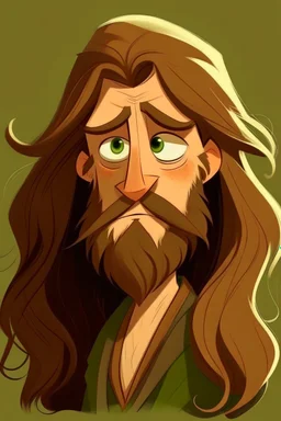 Gnom, braune lange wilde Haare, große, auffällig dicker Nase, grüne Augen, sehr jung (etwa zwanzig Jahre) , gebräunte Haut, ohne Bart, Mann