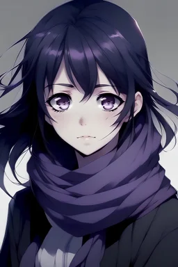 Anime style, black haired, purple eyes girl with purple scarf