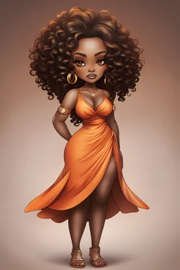 Create an airbrush chibi cartoon of a curvy black female wearing a brown and orange maxi dress and brown sandals. Prominent make up with hazel eyes. Extremely highly detailed curly ombre hair.