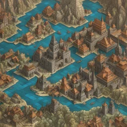 [colour geometric tessellation by Ray Harryhausen (1967)] 3D isometric fractal map of Lankhmar – City of Adventure